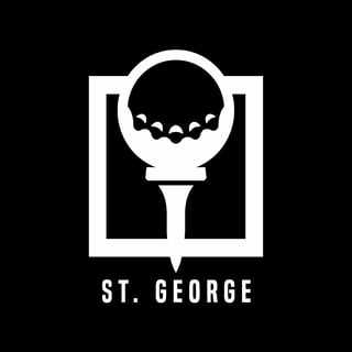 St. George logo featuring a stylized golf ball and tee inside a square frame on black background