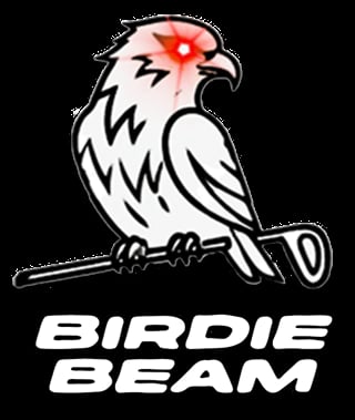 White eagle with red laser beam on forehead perched on a golf club, Birdie Beam logo
