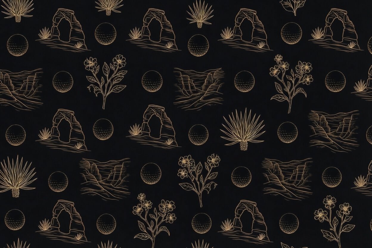 Repeating pattern of gold botanical line drawings including cacti, succulents, flowers, and circular shapes on dark background