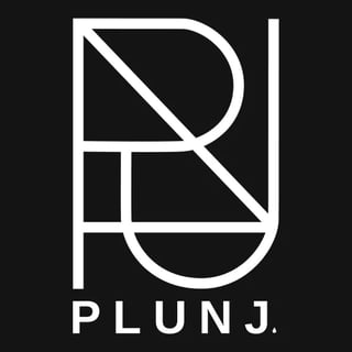 PLUNJ logo featuring geometric abstract design with circles and lines on black background