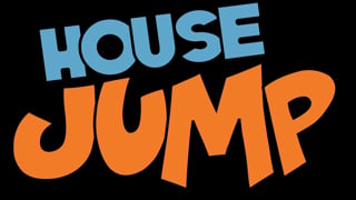 House Jump logo with blue and orange text on black background